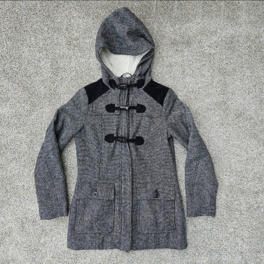 Prana Megan Black Tweed Duffle Wool Blend Jacket Sherpa Hood Toggle Womens XS